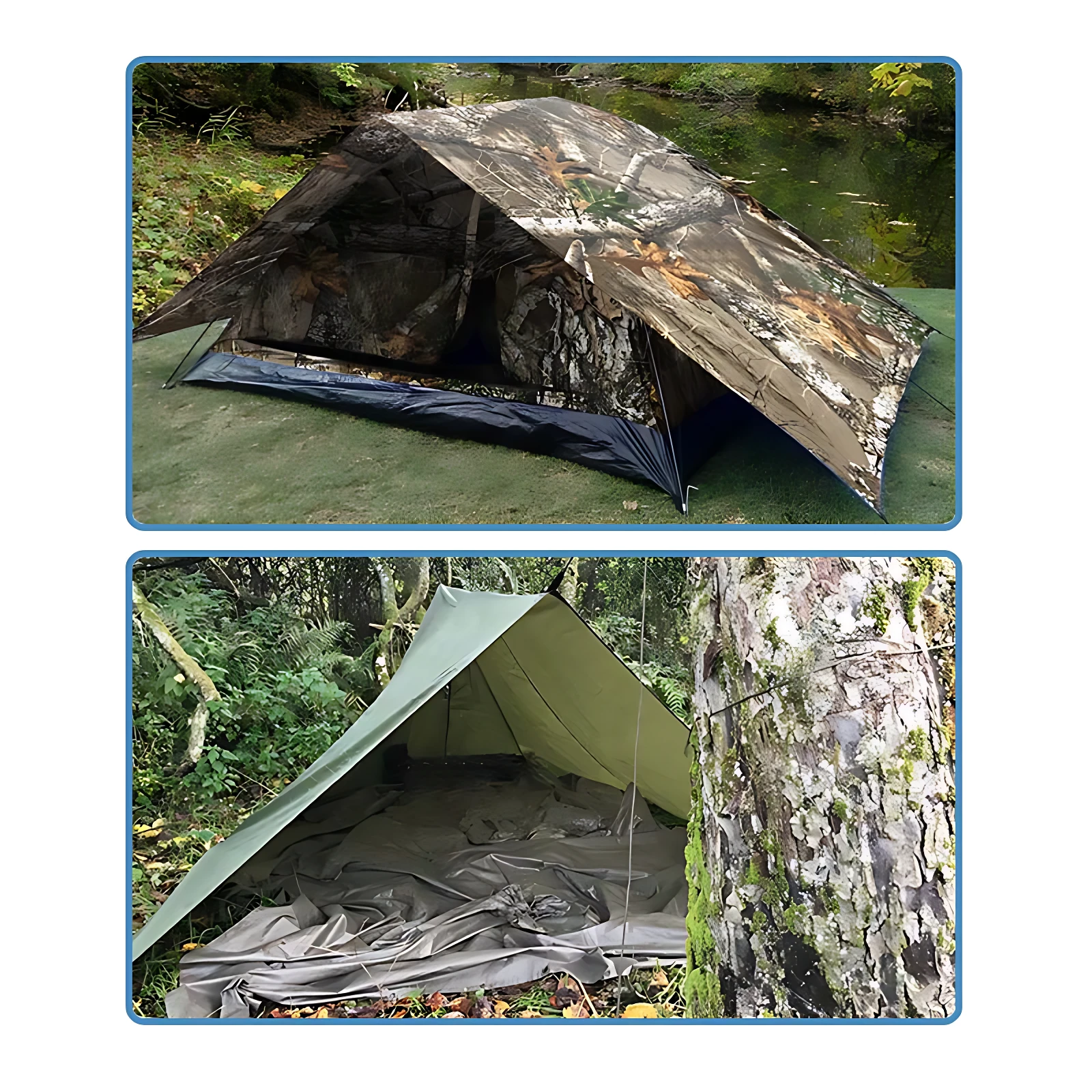 Sobre carpa impermeable en dos vistas: una con patrón camuflaje junto a río y otra en verde oliva montada en bosque, mostrando interior con suelo acolchado y anclaje lateral.