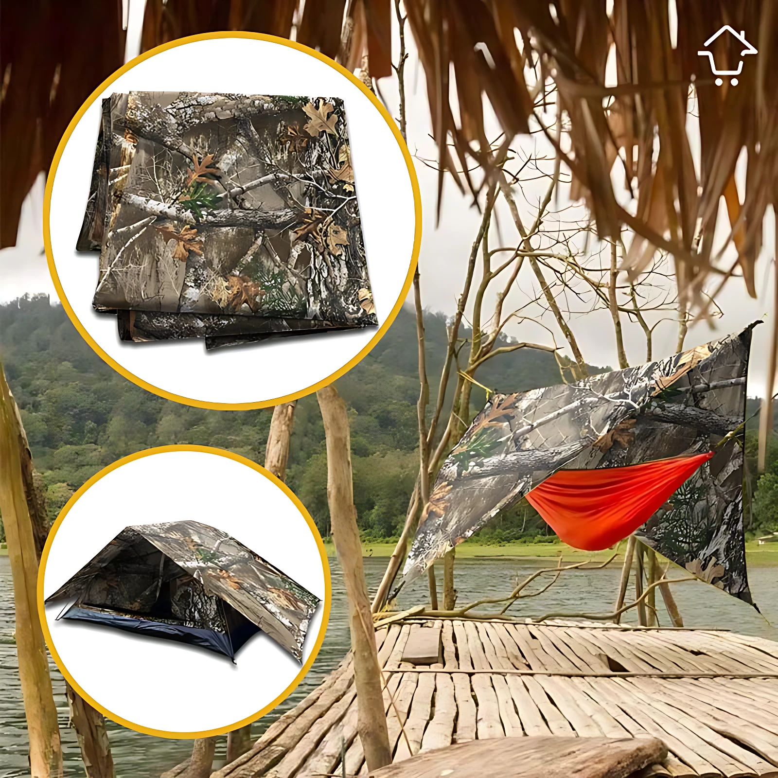 Sobre carpa de camuflaje con extensión naranja, montado en plataforma de madera junto a río, mostrando detalles de tela y estructura.
