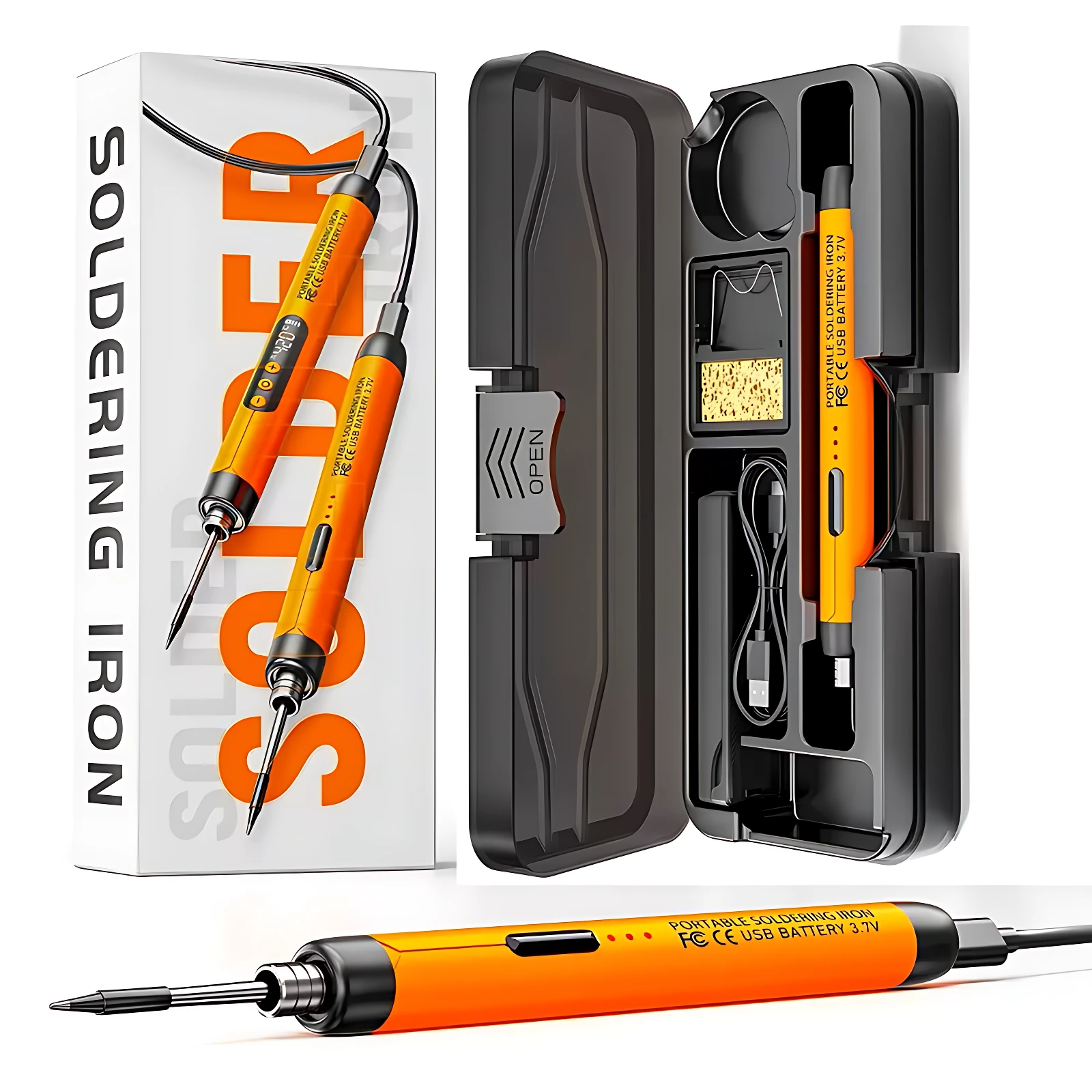 Cautín portátil recargable SolderPro Go de 10W en caja blanca con texto naranja, estuche negro abierto mostrando accesorios y cable USB, y herramienta naranja con punta metálica en primer plano.
