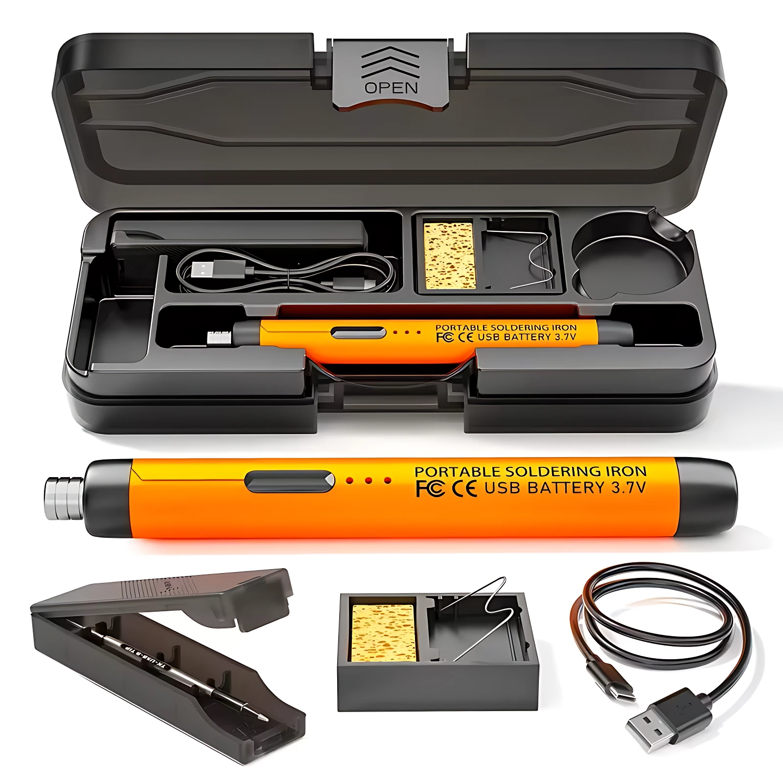 Cautín portátil recargable SolderPro Go de 10W en caja negra abierta, con cuerpo naranja, punta metálica, esponja de limpieza, cable USB y soporte de almacenamiento.