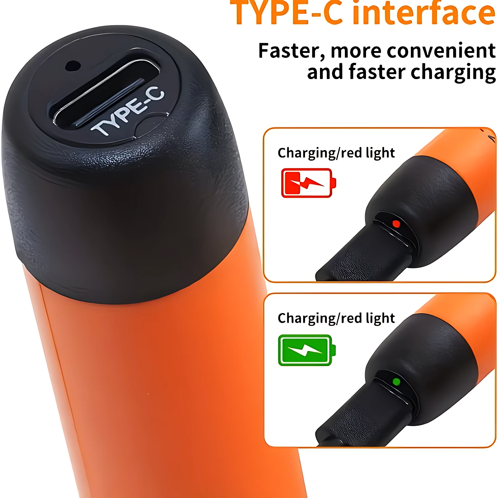Cautín portátil SolderPro Go en naranja con tapa negra, puerto USB-C visible y luces indicadoras de carga roja y verde.