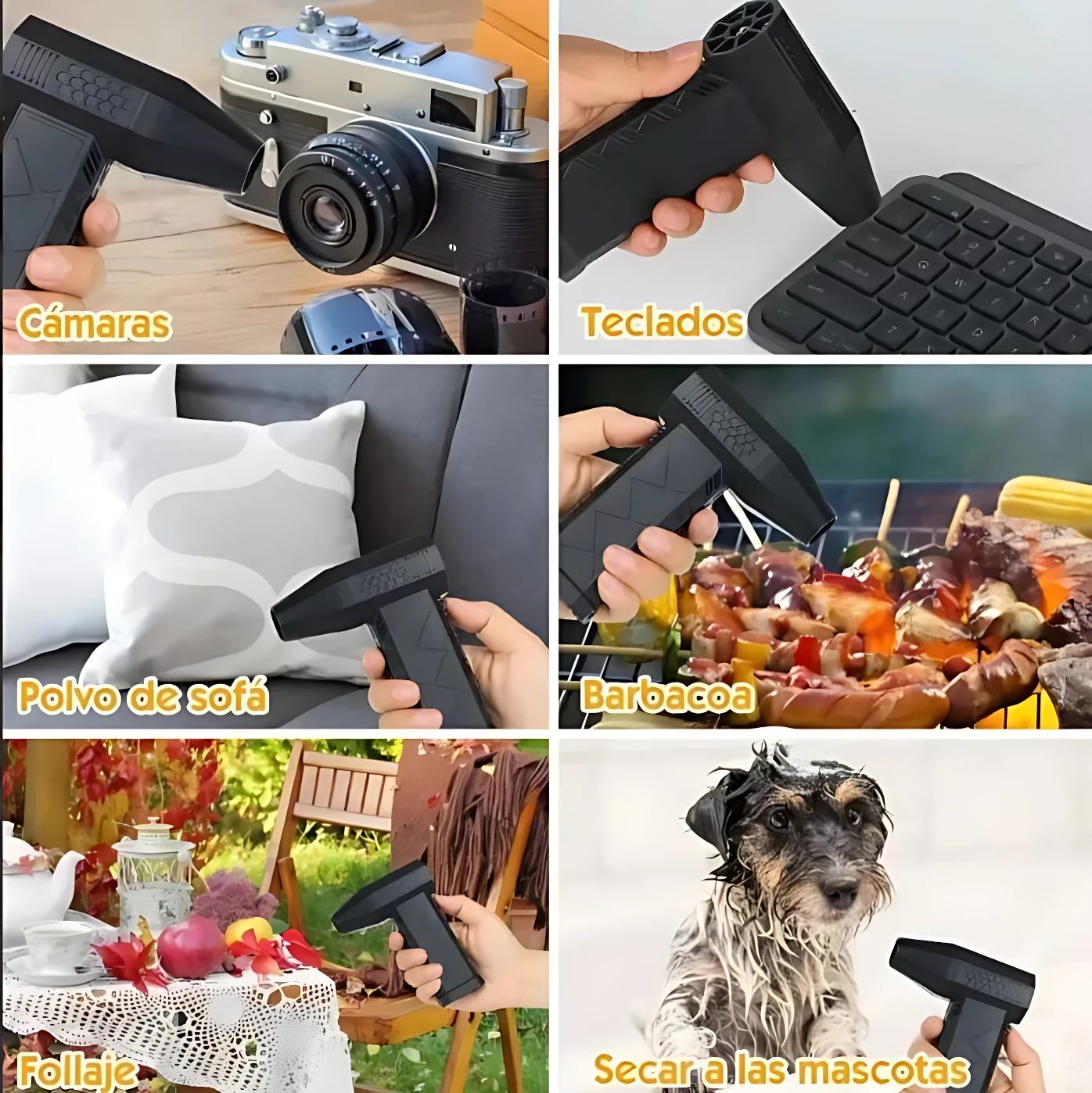 Soplador de mano negro con batería 8000 mAh, usado para limpiar cámaras, teclados, sofás, barbacoas, follaje y mascotas.