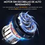 Soplador de mano portátil con motor sin escobillas, diseño compacto en negro y plateado, efecto de viento azul brillante y luces LED internas.