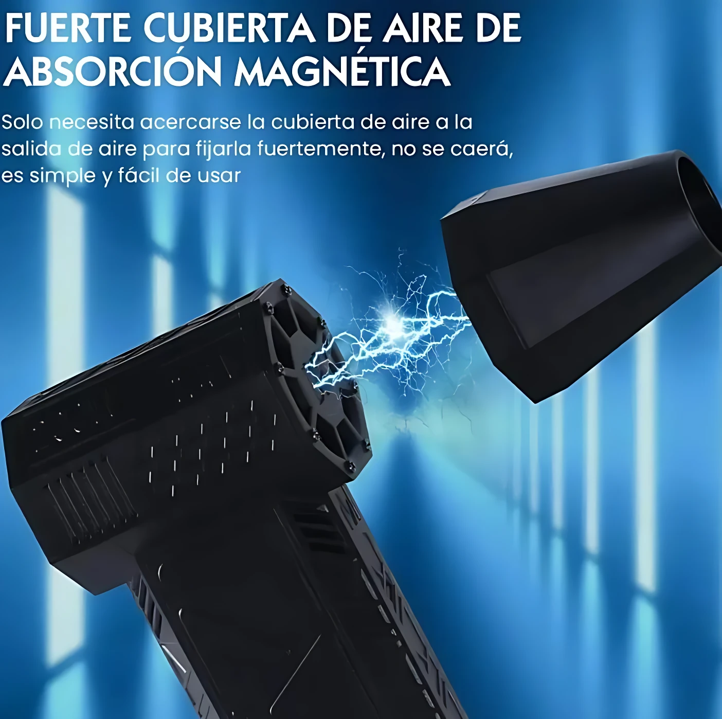 Soplador de mano portátil negro con cubierta magnética para absorción de aire, mostrando conexión eléctrica entre piezas.