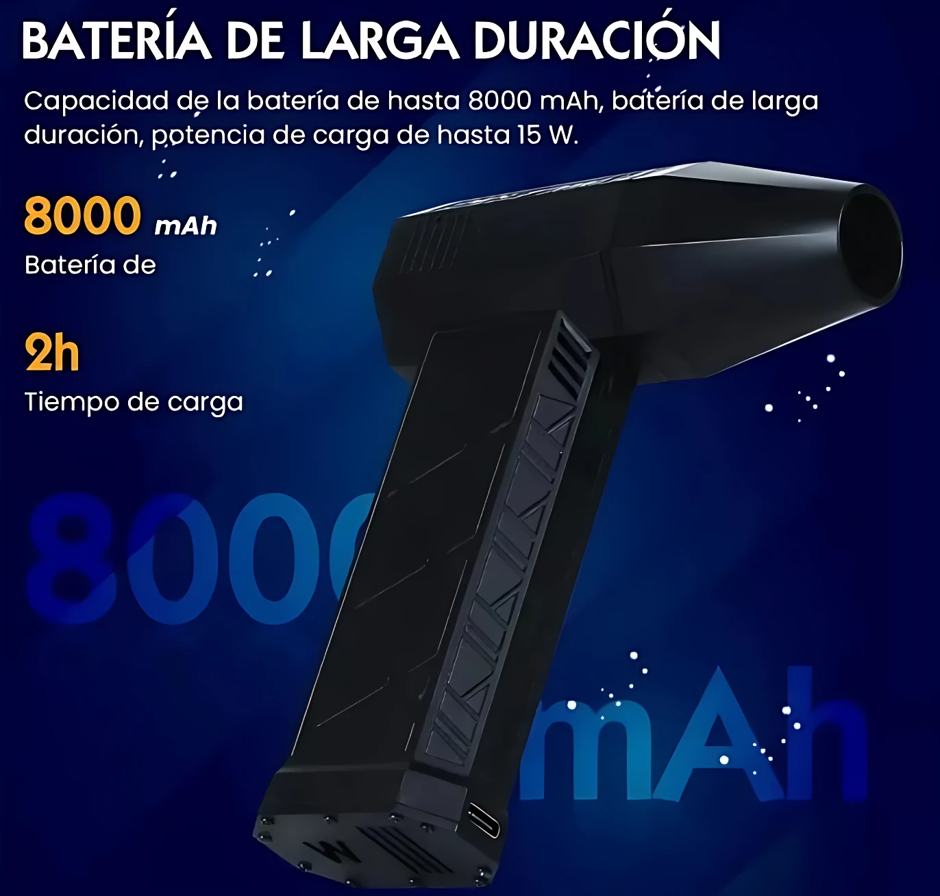 Soplador de mano portátil negro con batería de 8000 mAh, diseño ergonómico y mango texturizado para agarre seguro.