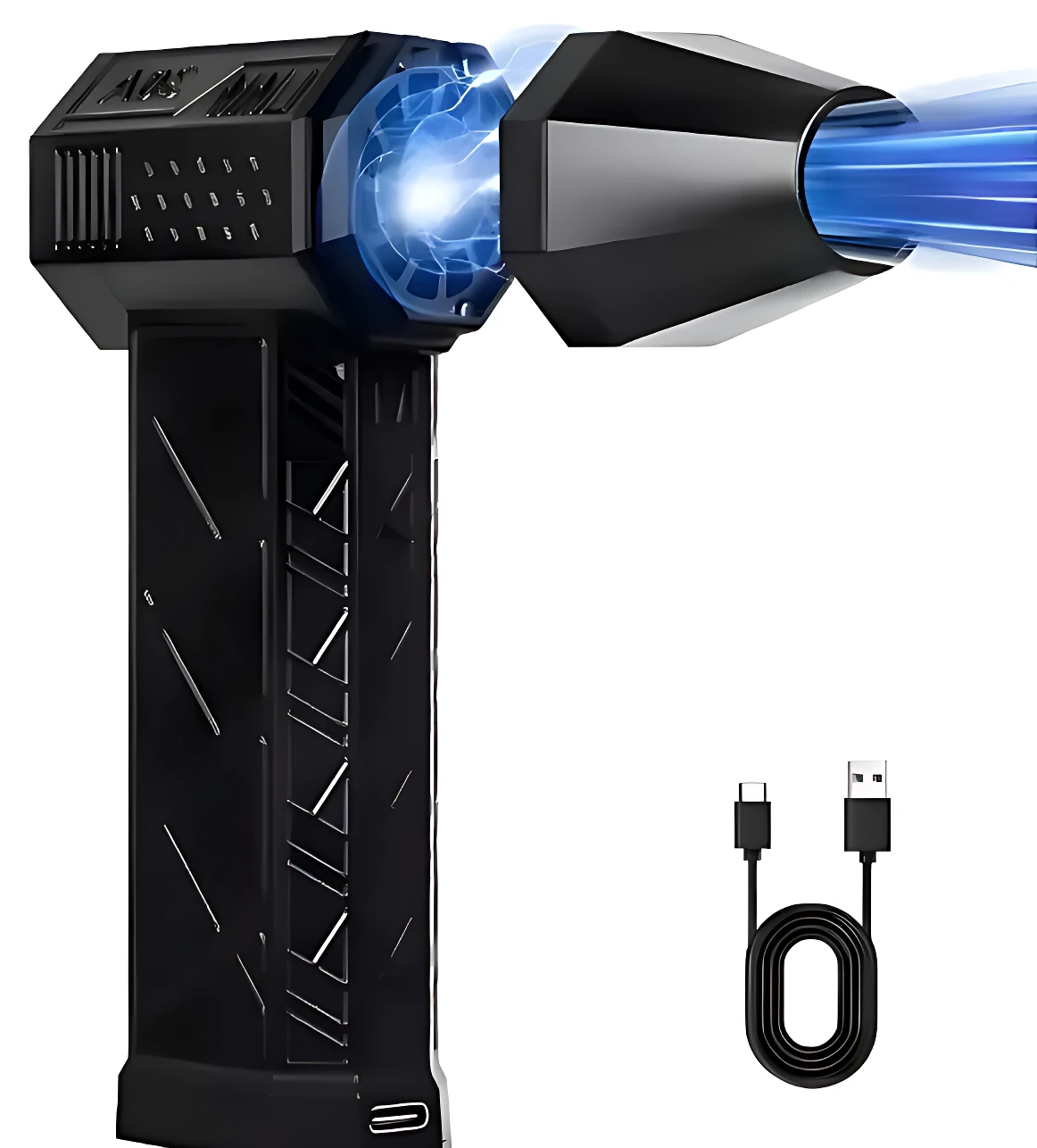 Soplador de mano portátil negro con efecto de luz azul en la boquilla, batería integrada y cable USB incluido.