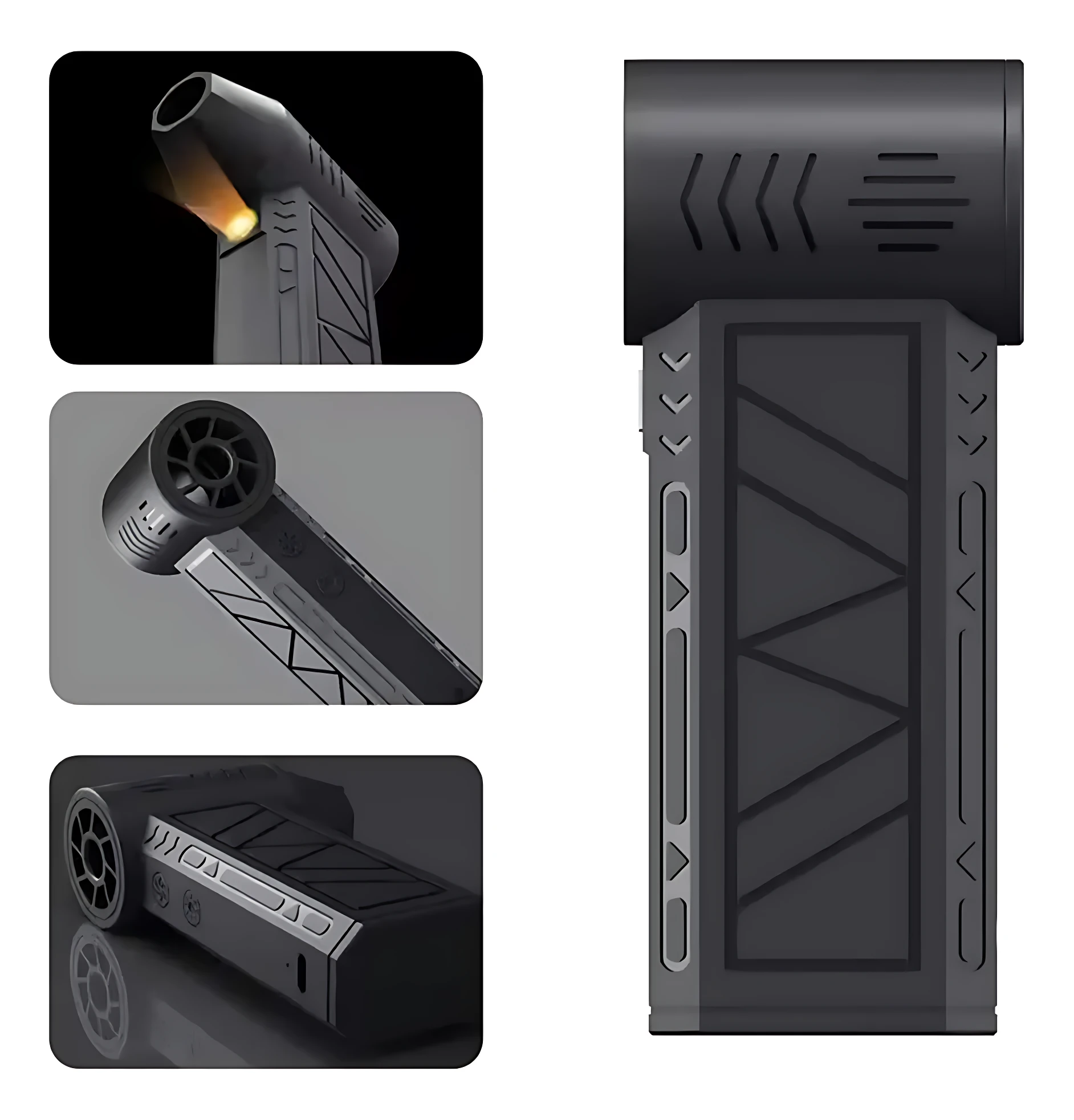 Sopladora inalámbrica negra con diseño ergonómico, vista frontal y detalles de boquilla y ventilador.