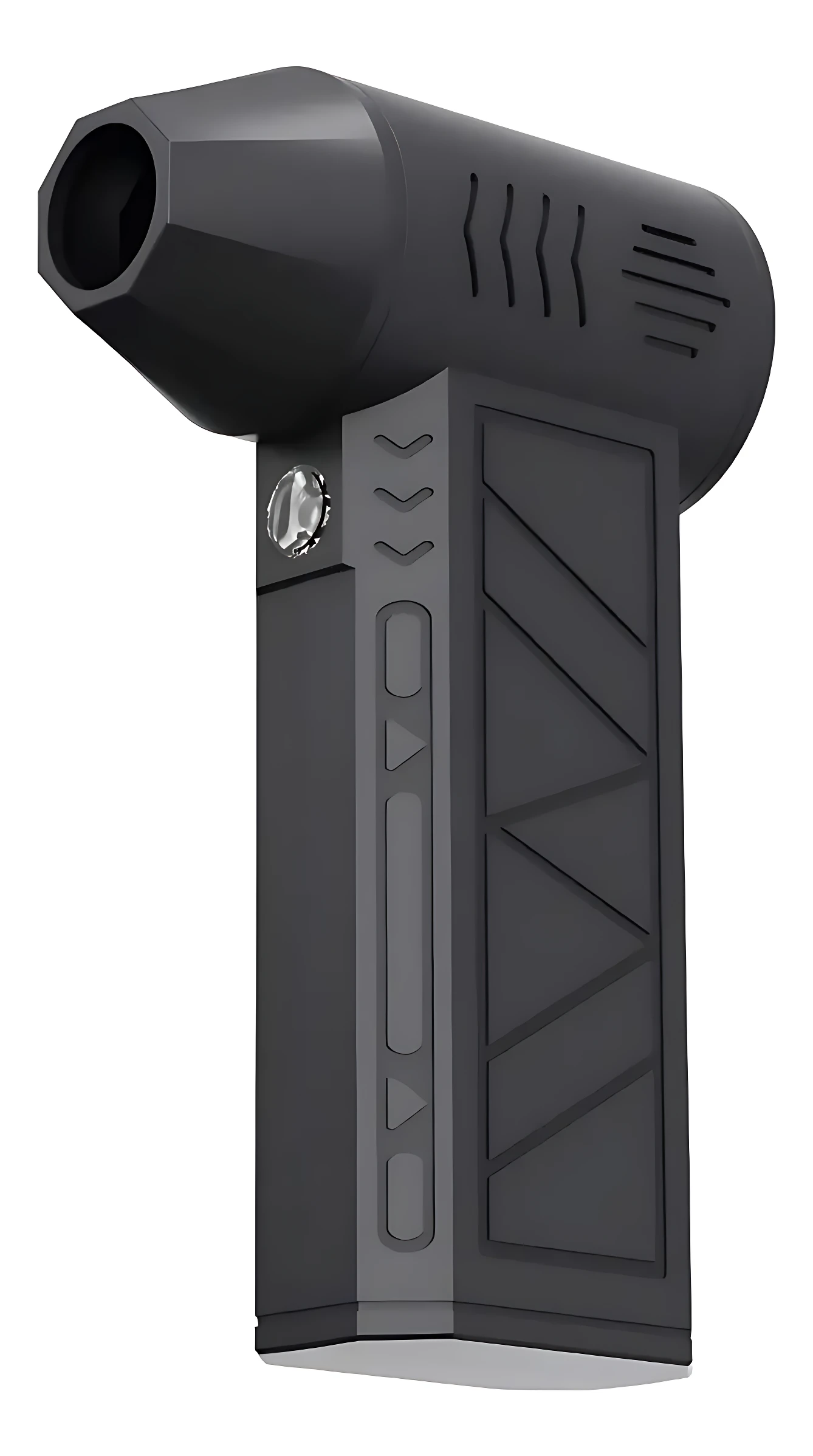 Sopladora inalámbrica negra con mango ergonómico y detalles en relieve, vista lateral mostrando boquilla frontal y panel de control lateral.