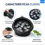Soporte base de silicona negra para hielo facial, con diseño flexible y bandeja para crear cubitos. Ideal para terapia fría en rostro.