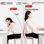Soporte lumbar ergonómico en uso: mujer sentada frente a laptop, espalda recta con dispositivo blanco entre lomos y silla. Antes y después de usar.