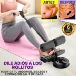 Mujer usando soporte V-Shaper negro con rodilleras y base de succión, sobre esterilla rosa; incluye comparativa antes y después de abdomen.