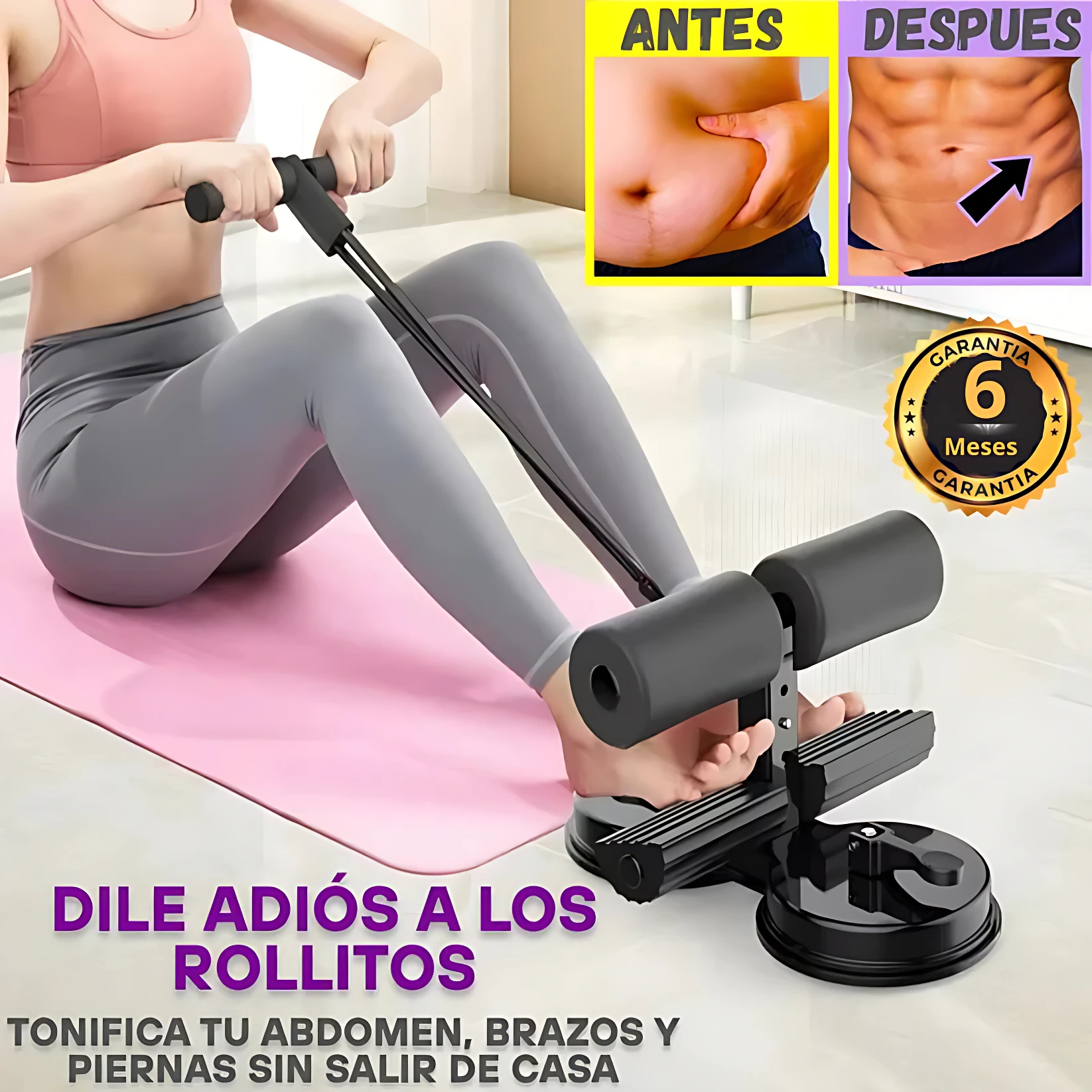 Mujer usando soporte V-Shaper negro con rodilleras y base de succión, sobre esterilla rosa; incluye comparativa antes y después de abdomen.