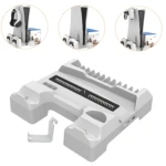 Soporte vertical blanco para PS5 con base para mando DualSense, incluye soporte de pared y ventilación trasera.
