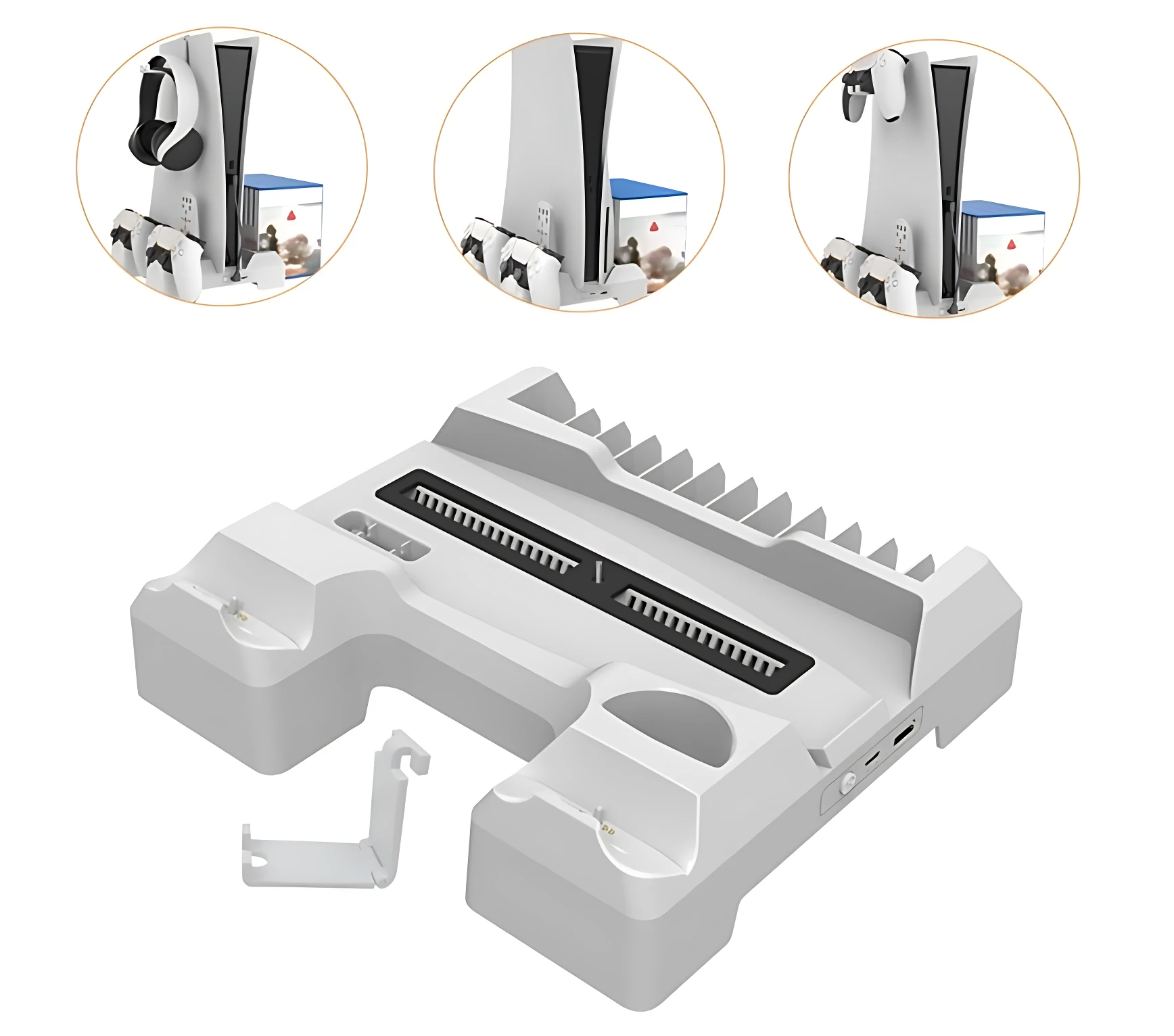 Soporte vertical blanco para PS5 con base para mando DualSense, incluye soporte de pared y ventilación trasera.