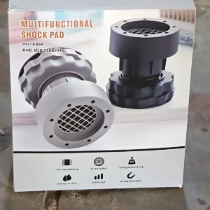 Pack de dos soportes antideslizantes para lavadora, en gris y negro, con base texturizada y diseño modular para estabilidad y protección de pisos.