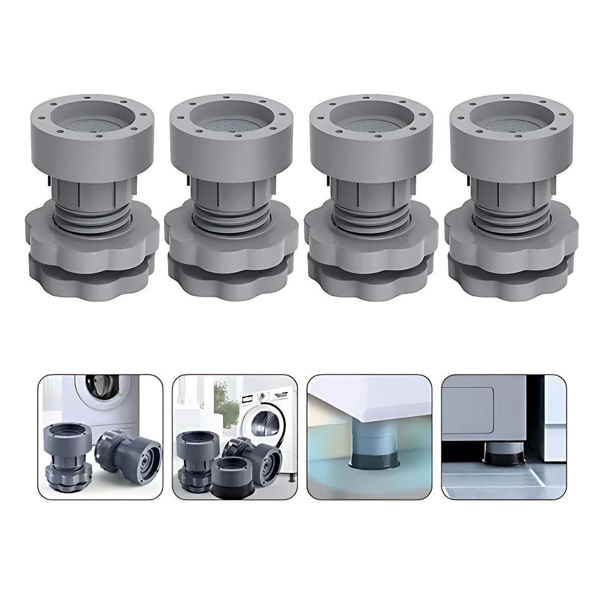 Cuatro soportes patas lavadora en gris, con base antideslizante y rosca ajustable, mostrados en vista frontal. Incluye detalles de instalación y uso bajo electrodomésticos.
