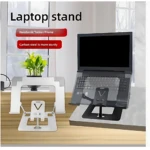 Soporte ergonómico metálico blanco para laptop y tablet, con base ajustable y soporte móvil integrado, sobre escritorio de madera.