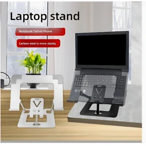 Soporte ergonómico metálico blanco para laptop y tablet, con base ajustable y soporte móvil integrado, sobre escritorio de madera.