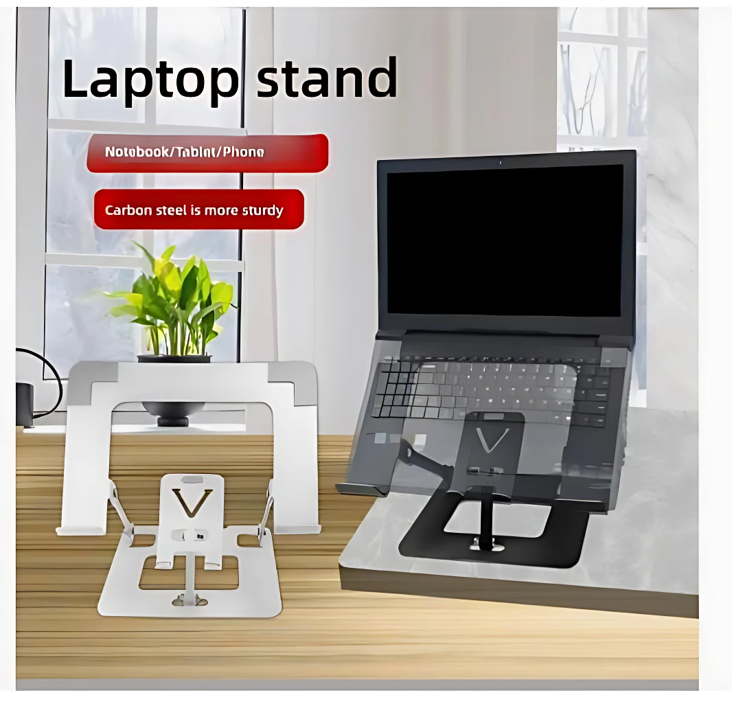 Soporte ergonómico metálico blanco para laptop y tablet, con base ajustable y soporte móvil integrado, sobre escritorio de madera.