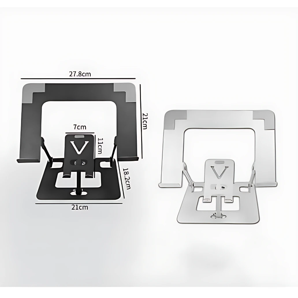 Soporte ergonómico metálico para laptop y tablet en dos colores: negro y plateado. Muestra dimensiones externas de 27,8 cm de ancho por 21 cm de alto, con base de 21 cm y altura ajustable de 18,2 cm. Incluye soporte vertical de 7 cm y altura del dispositivo de 11 cm. Diseño plegable con estructura de metal y base antideslizante.