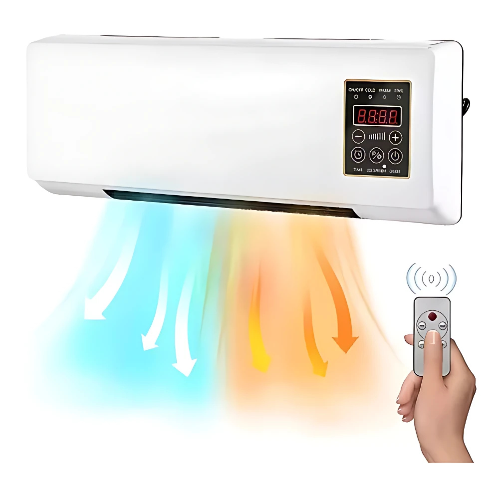 Aire acondicionado Splitmax blanco con panel de control digital y mando a distancia, emitiendo aire frío y caliente.