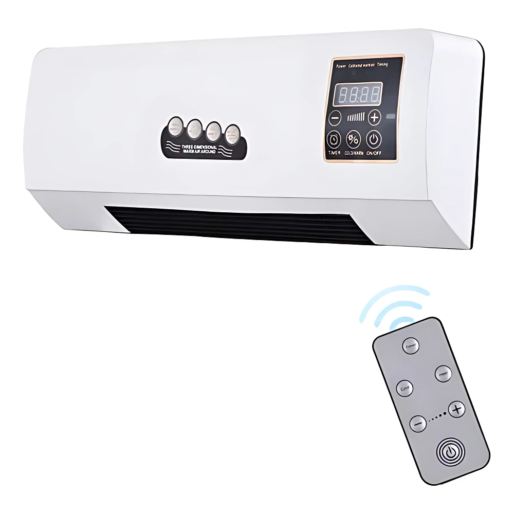 Aire acondicionado Splitmax blanco con panel de control digital y mando a distancia inalámbrico, mostrando temperatura y funciones de operación.