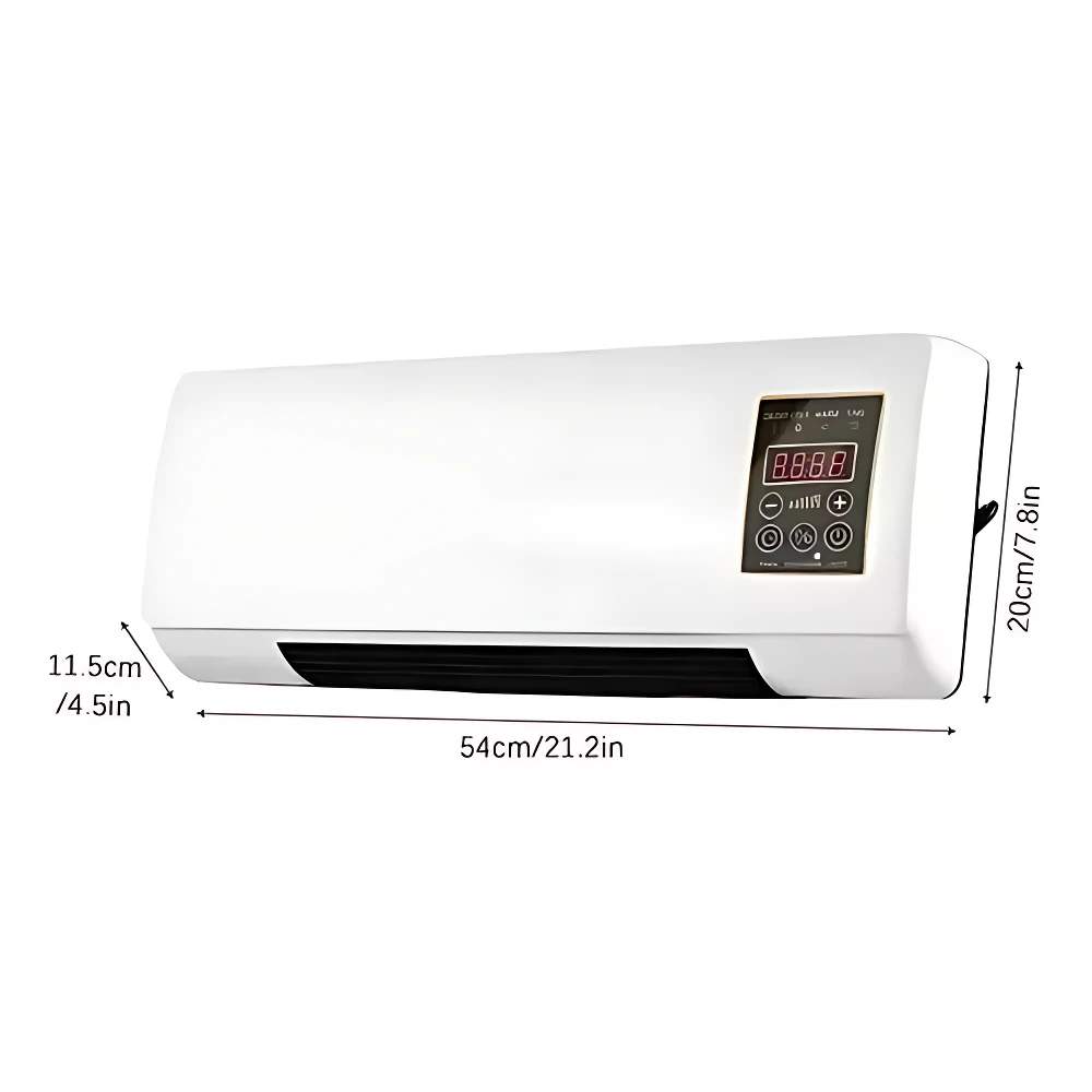Aire acondicionado Splitmax blanco, vista frontal con panel de control digital y dimensiones visibles: 54 cm de ancho, 20 cm de alto y 11.5 cm de profundidad.