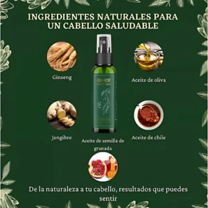 Spray capilar Ouhoe con ginseng, jengibre, aceite de oliva, semilla de granada y chile. Botella verde con atomizador negro sobre fondo oscuro con ilustraciones de ingredientes naturales.
