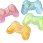 Cuatro squishies de control X12 en colores rosa, azul, verde y amarillo con brillo interior, dispuestos sobre fondo blanco.