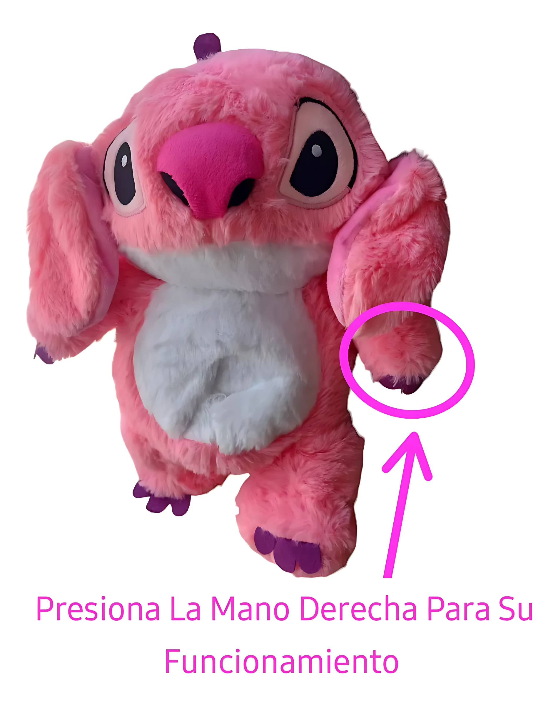Peluche Stitch rosa con orejas móviles y función de respiración simulada, ideal para conciliar el sueño.