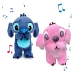 Peluche Stitch respirable en azul y rosa, con orejas móviles y detalles brillantes, diseñado para ayudar a conciliar el sueño con música y luz.