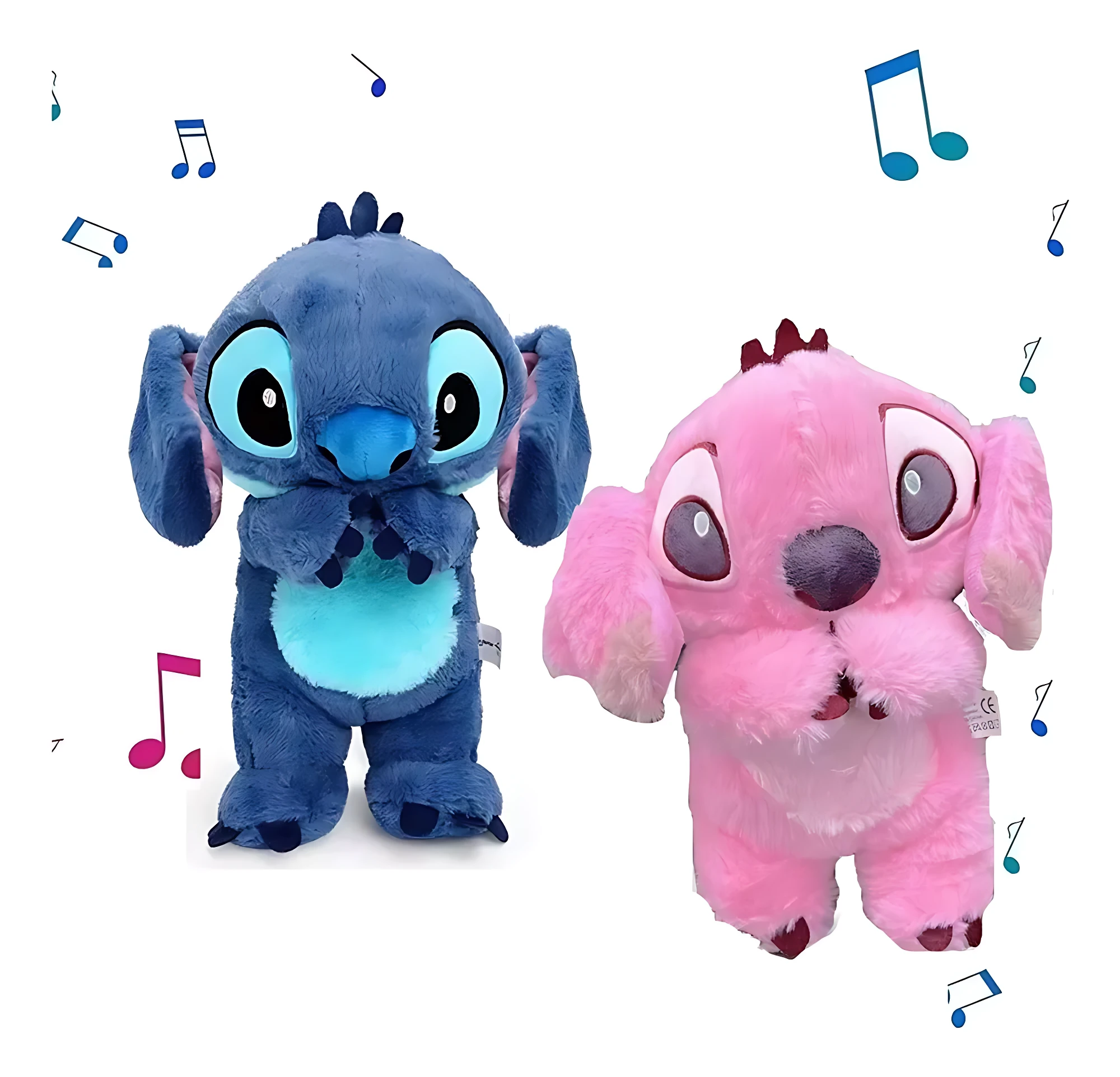 Peluche Stitch respirable en azul y rosa, con orejas móviles y detalles brillantes, diseñado para ayudar a conciliar el sueño con música y luz.