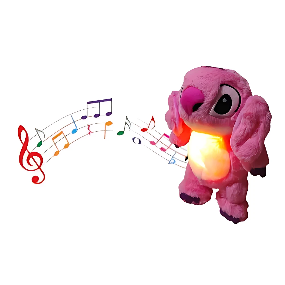 Peluche Stitch rosa con luz en el pecho y notas musicales flotantes, diseñado para ayudar a conciliar el sueño.