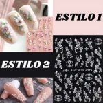 Set de tres stickers para uñas con diseños florales y geométricos en 5D, mostrando ejemplos aplicados y plantillas blancas sobre fondo negro.