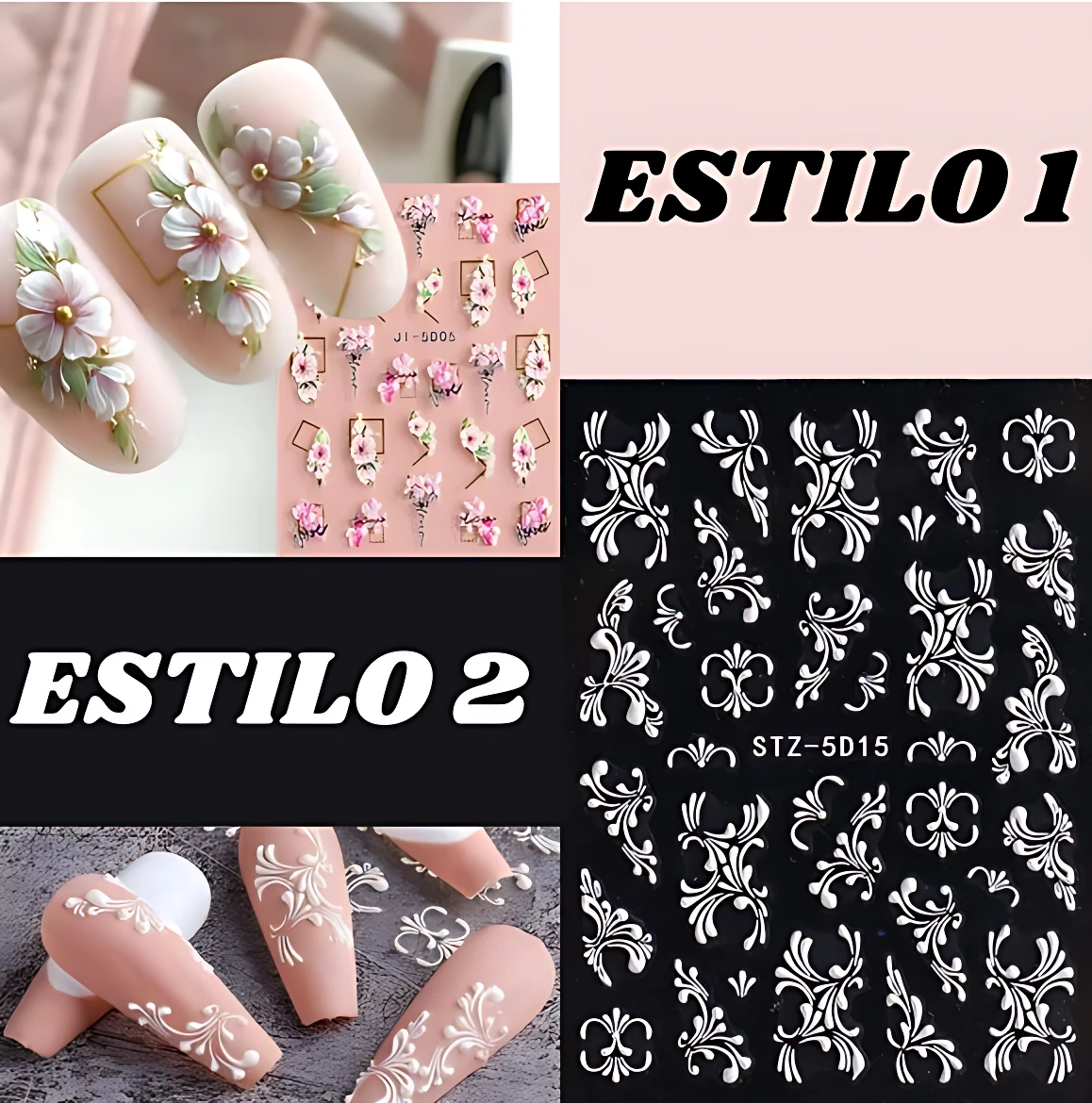 Set de tres stickers para uñas con diseños florales y geométricos en 5D, mostrando ejemplos aplicados y plantillas blancas sobre fondo negro.