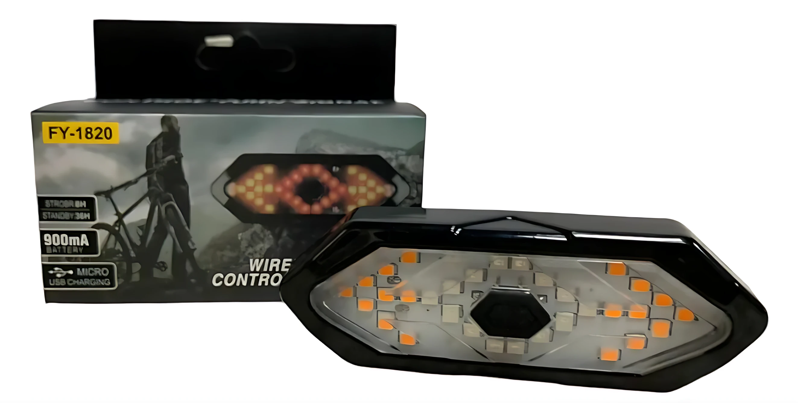 Luz trasera de bicicleta negra con LEDs naranjas y blancos, modelo FY-1820, en caja con de ciclista y detalles de batería recargable y alarma integrada.