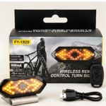 Luz trasera de bicicleta con luces LED naranjas y control remoto inalámbrico, modelo FY-1820, incluye cable USB y soporte metálico.