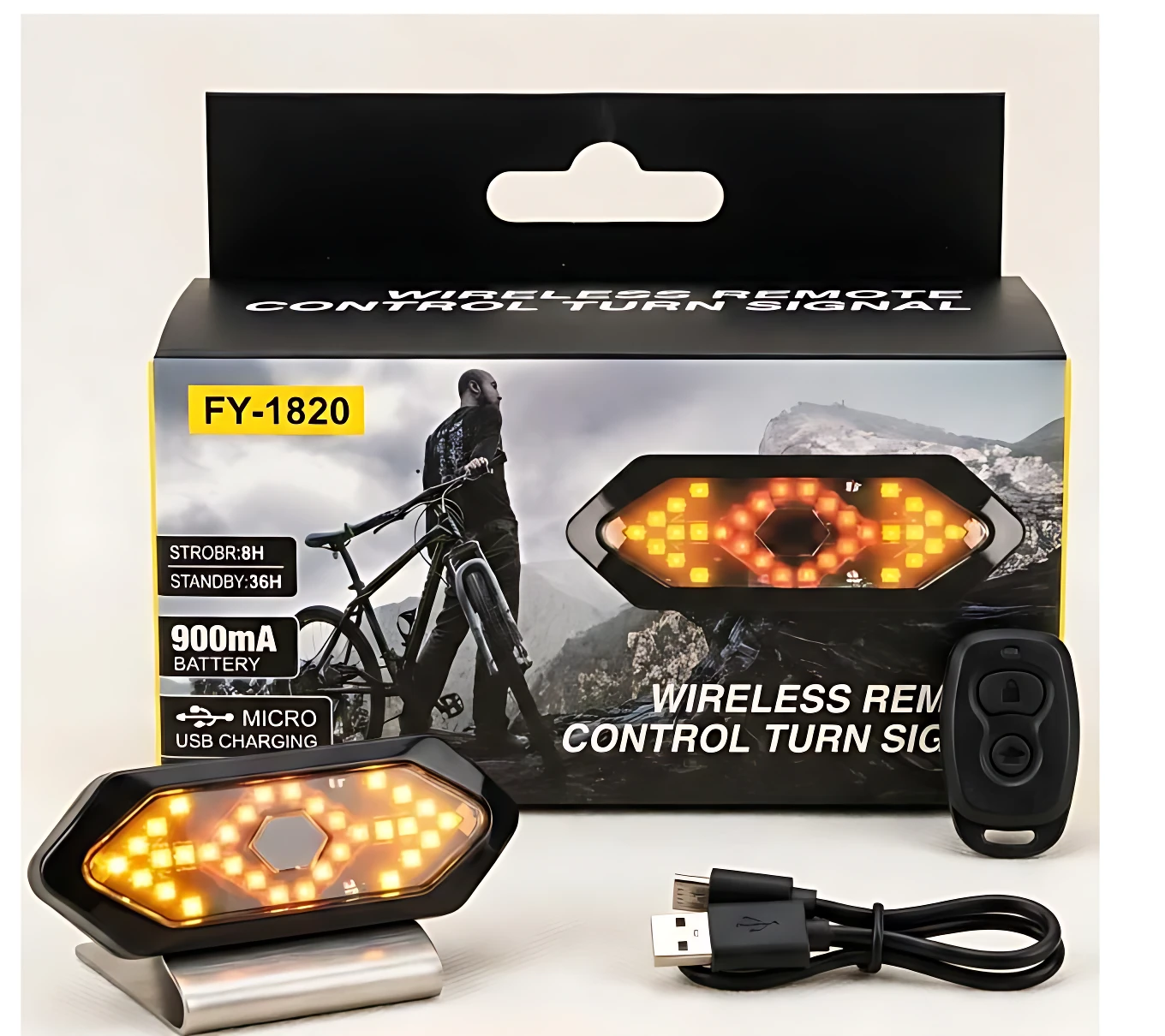 Luz trasera de bicicleta con luces LED naranjas y control remoto inalámbrico, modelo FY-1820, incluye cable USB y soporte metálico.