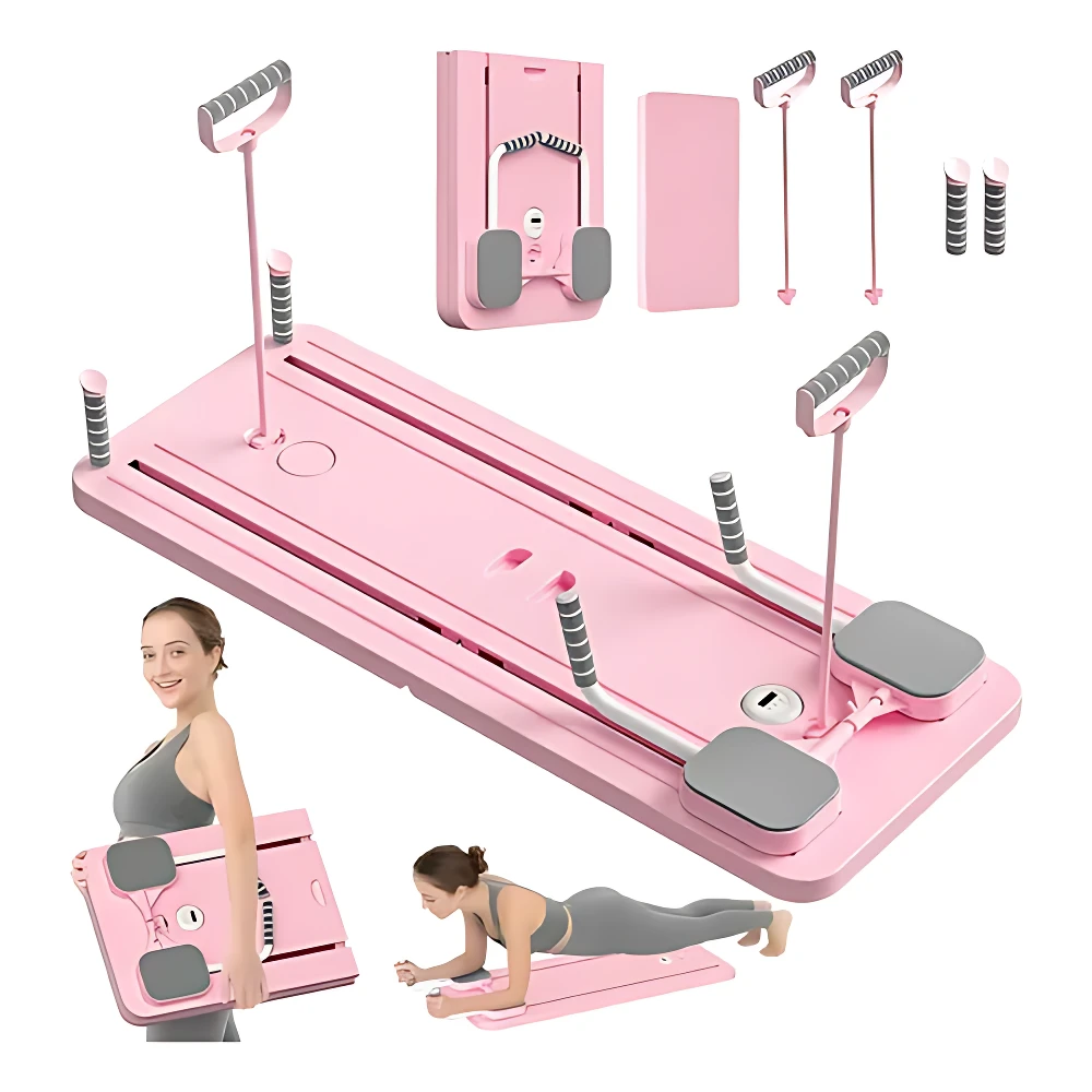 Tabla de Pilates rosa con mangos ajustables, accesorios incluidos y mujer ejercitándose en posición de plancha.