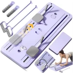 Tabla de Pilates púrpura con mangos ajustables y accesorios, vista superior mostrando componentes desmontados y mujer ejercitándose.