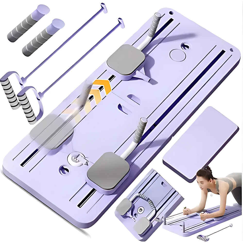 Tabla de Pilates púrpura con mangos ajustables y accesorios, vista superior mostrando componentes desmontados y mujer ejercitándose.
