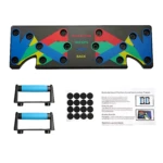 Tabla de push up negra con bandas elásticas multicolores, incluye dos manillas azules y pegatinas adhesivas para entrenamiento en casa.