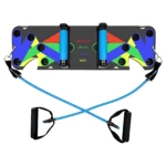 Tabla de flexiones con bandas elásticas azules, para entrenar pecho, espalda y tríceps en casa.
