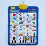 Tablero didáctico interactivo inglés con piano, color azul, con letras del alfabeto, números y símbolos musicales.