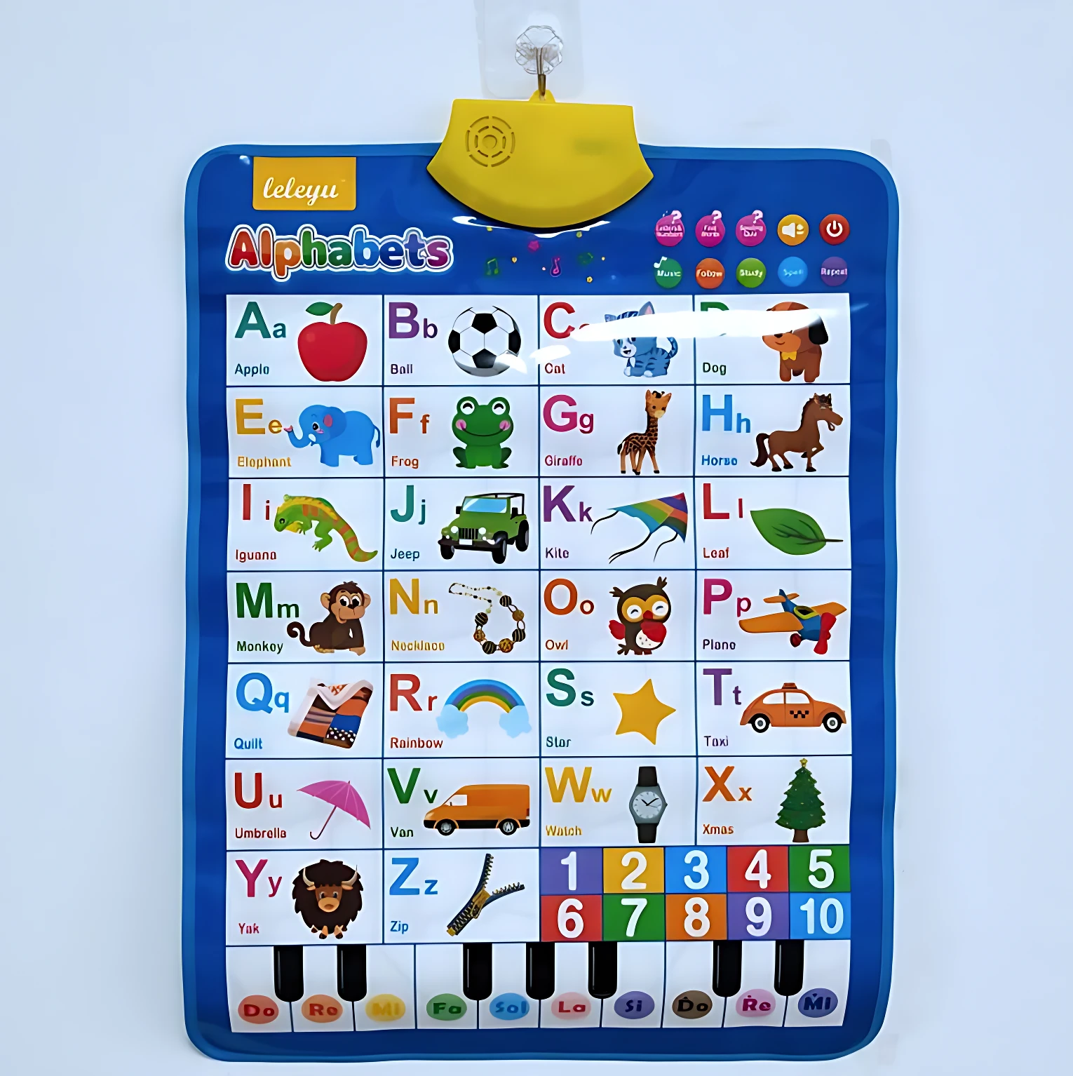 Tablero didáctico interactivo inglés con piano, color azul, con letras del alfabeto, números y símbolos musicales.