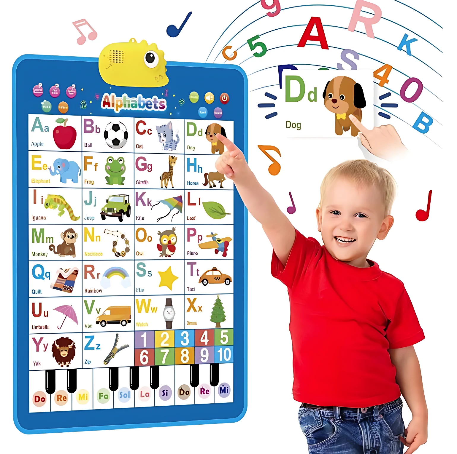 Tablero didáctico interactivo inglés con piano, color azul, mostrando letras, números, animales y símbolos musicales. Niño sonriente señalando la letra D.