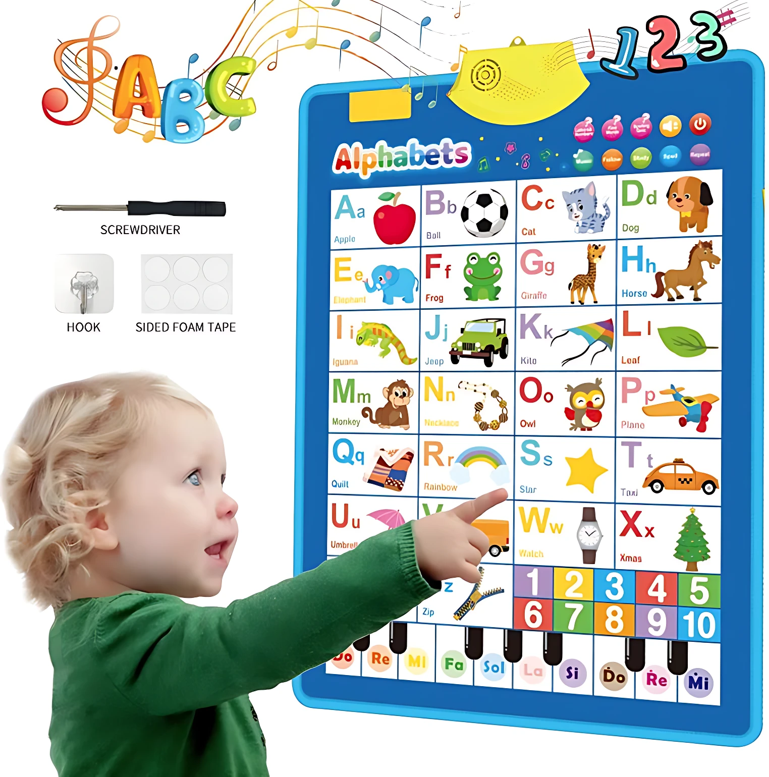 Tablero didáctico interactivo inglés con piano, en color azul, mostrando letras, números y animales. Incluye accesorios: destornillador, gancho y cinta adhesiva.