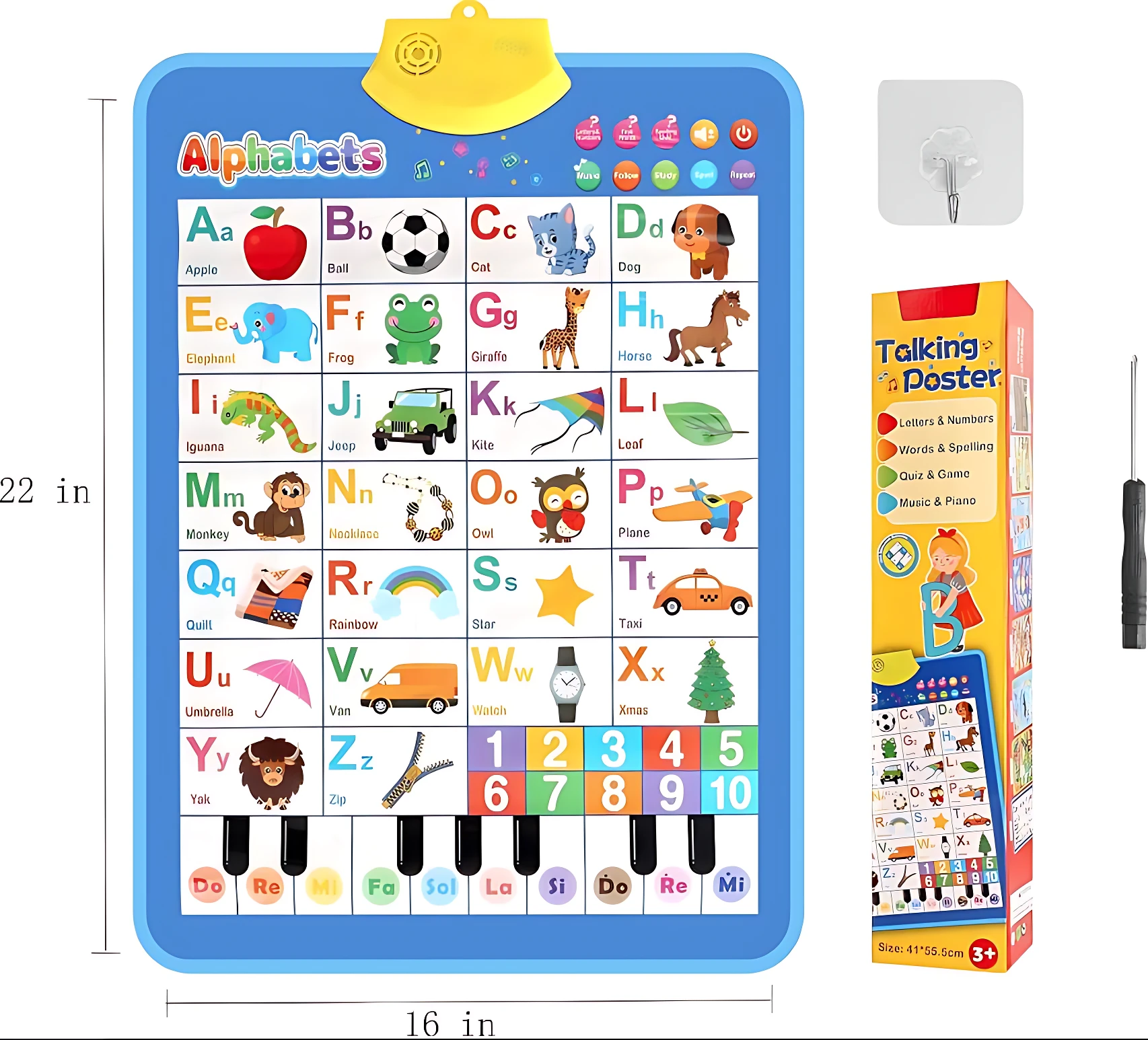 Tablero didáctico interactivo inglés con piano, de 16 por 22 pulgadas, con alfabeto, animales, instrumentos y accesorios incluidos.