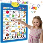 Tablero didáctico interactivo azul con alfabeto inglés, números y piano, usado por niña pequeña en interior.
