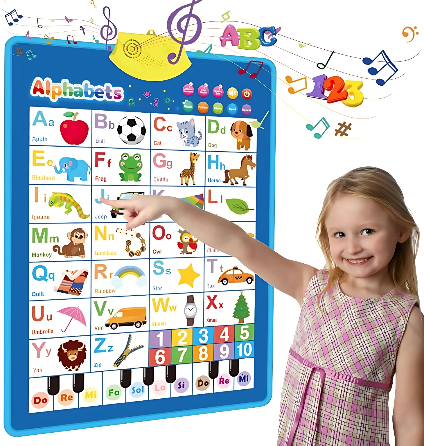 Tablero didáctico interactivo azul con alfabeto inglés, números y piano, usado por niña pequeña en interior.